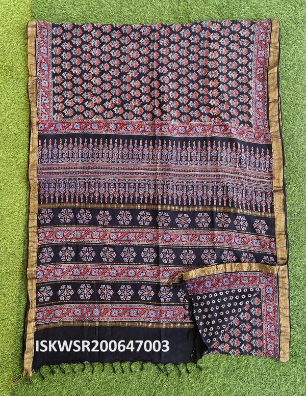 Ajrakh Hand Block Printed Cotton Saree With Blouse-ISKWSR200647003