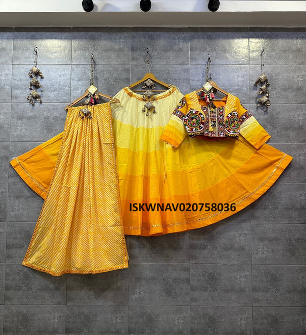 Ombre Cotton Lehenga With Padded Blouse And Lehariya Printed Cotton Dupatta-ISKWNAV020758036