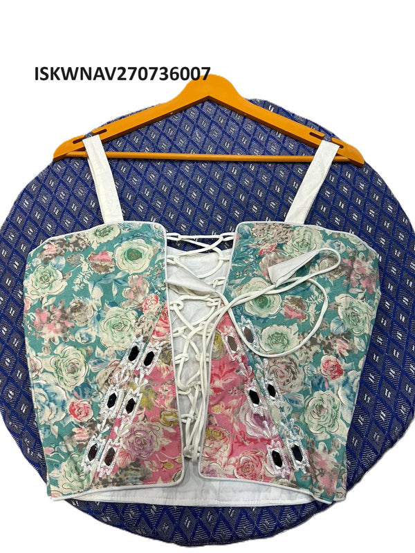 Floral Printed Khadi Cotton Lehenga With Shoulder Stripe Blouse And Dupatta-ISKWNAV270736007