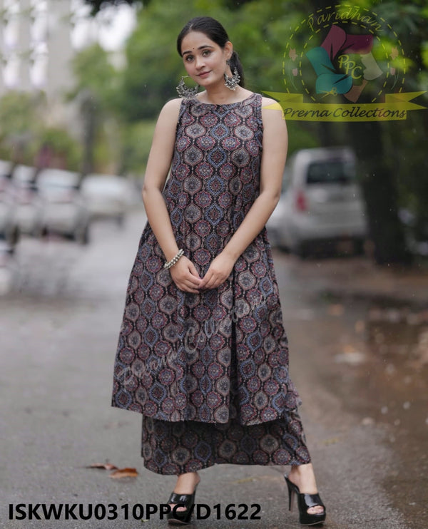 Ajrakh Printed Cotton A-Line Kurti With Palazzo-ISKWKU0310PPC/D1622