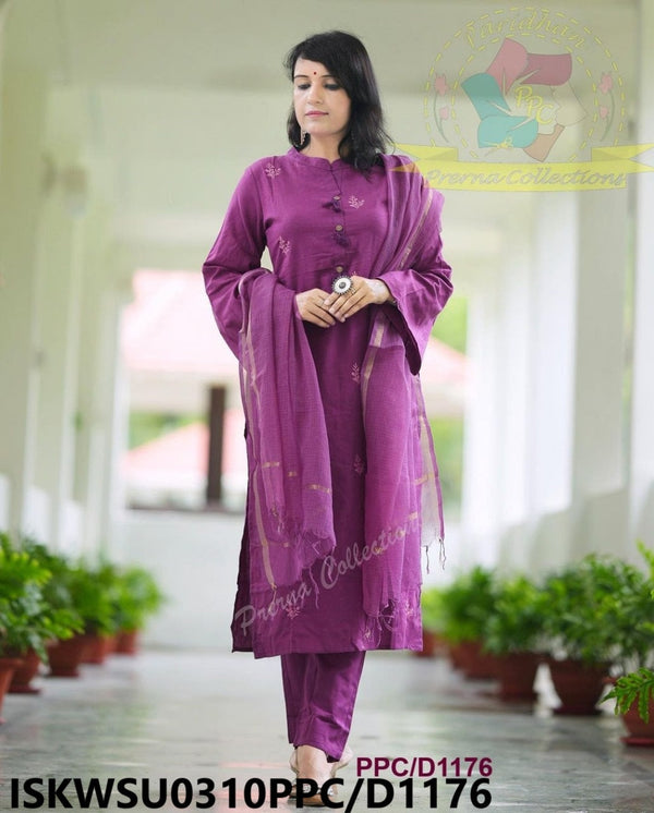 Embroidered Khadi Kurti With Pant And Kota Doriya Dupatta-ISKWSU0310PPC/D1176