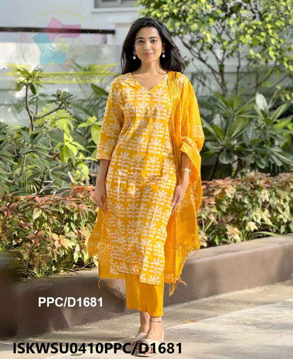 Hand Batik Printed Silk Kurti With Pant And Dupatta-ISKWSU0410PPC/D1681