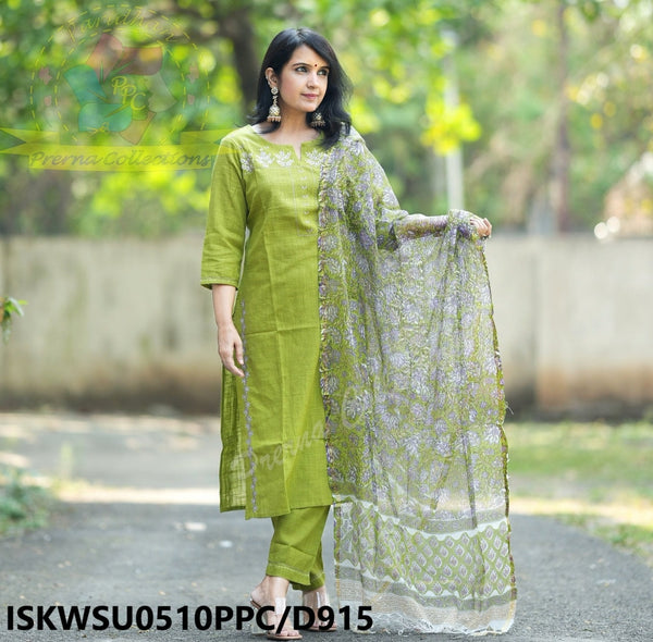 Khadi Cotton Kurti With Pant And Hand Block Printed Kota Doriya Dupatta-ISKWSU0510PPC/D915