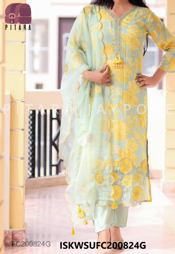 Printed Maslin Kurti With Pant And Organza Dupatta-ISKWSUFC200824G