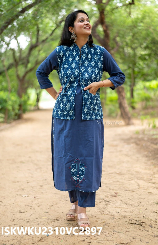 Hand Block Printed Cotton Kurti With Pant And Quilted Jacket-ISKWKU2310VC2897