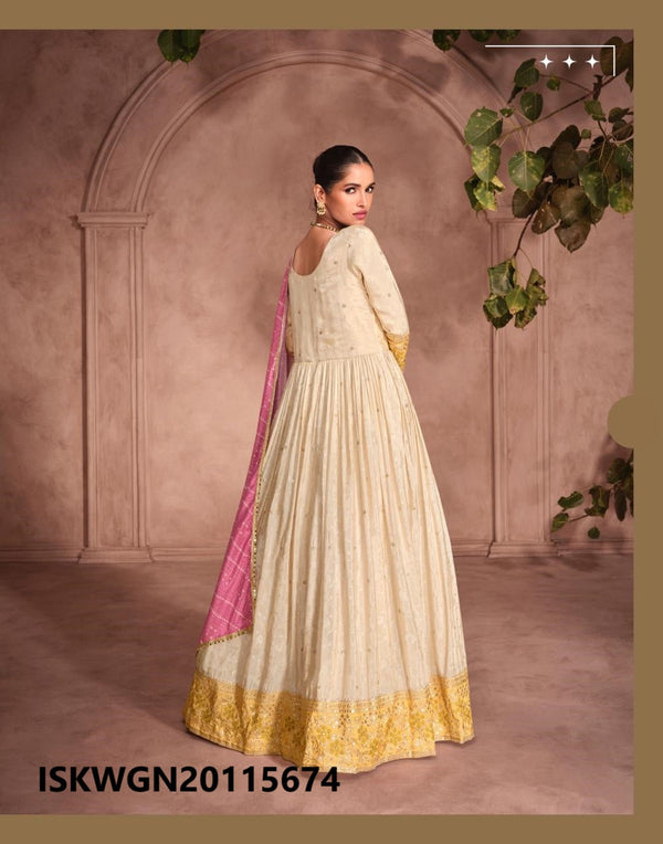 Shimmer Viscose Jacquard Silk Gown With Bandhani Printed Dupatta-ISKWGN20115674/75