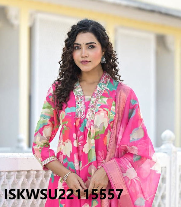 Printed Silk Flared Kurti With Pant And Dupatta-ISKWSU22115557