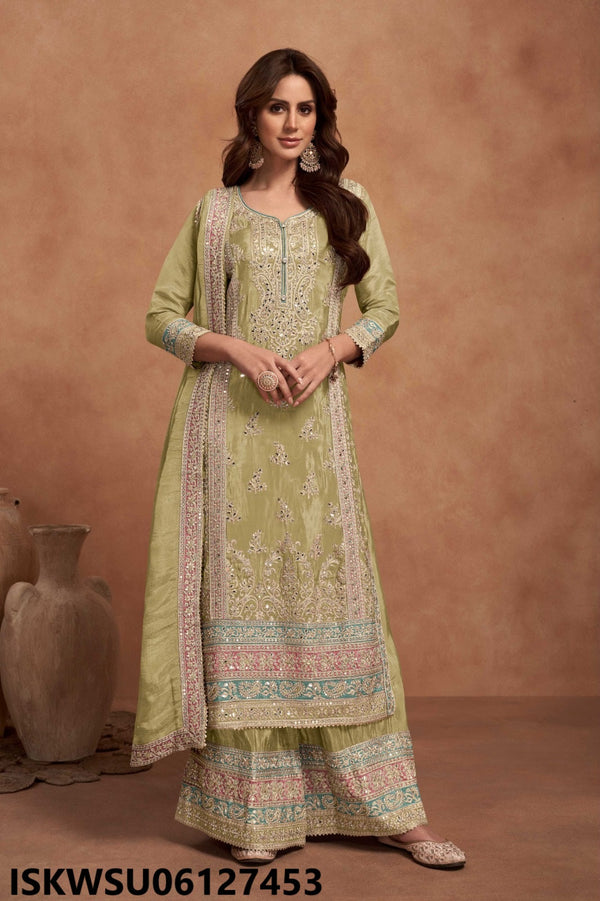 Embroidered Shimmer Silk Kurti With Pant And Dupatta-ISKWSU06127453