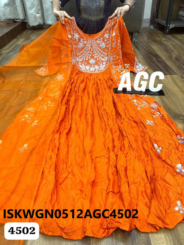 Embroidered Maslin Silk Gown With Organza Dupatta-ISKWGN0512AGC4502