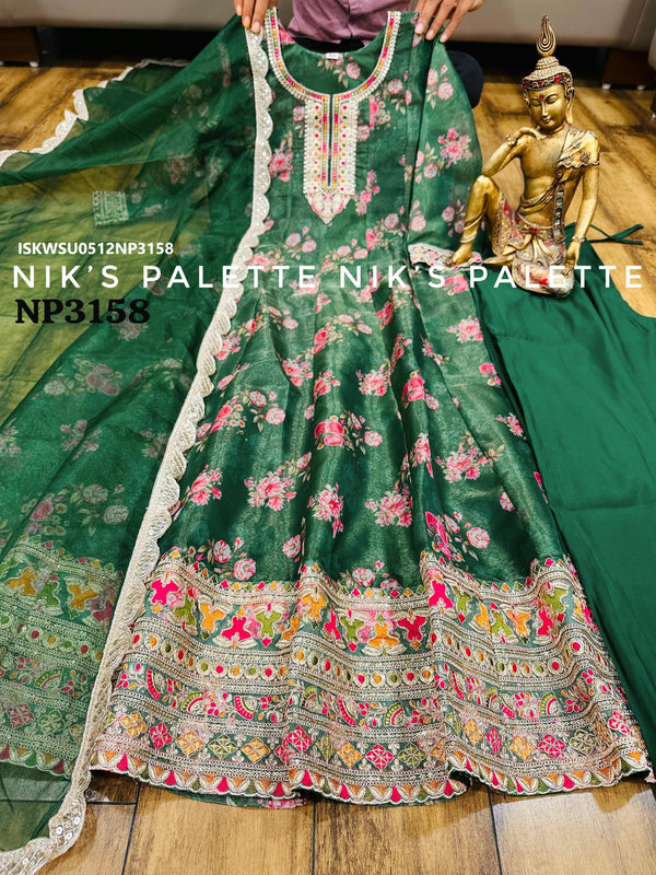 Digital Printed Tissue Organza Anarkali Kurti With Silk Pant And Dupatta-ISKWSU0512NP3158