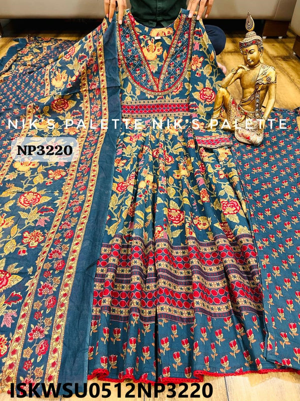 Kalamkari Printed Cotton Anarkali Kurti With Pant And Dupatta-ISKWSU0512NP3220