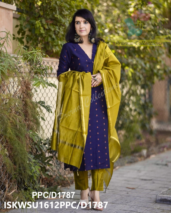 Handloom Weaved Silk Kurti With Pant And Handloom Zari Dupatta-ISKWSU1612PPC/D1787