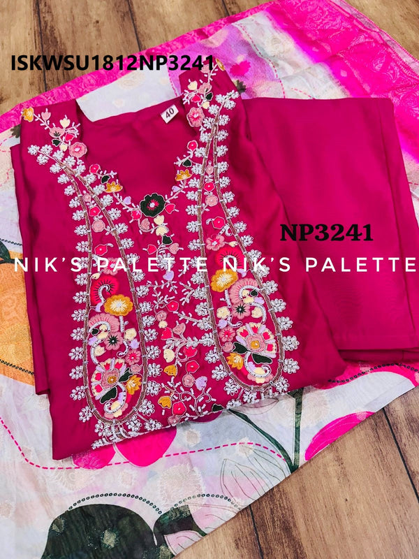 Embroidered Maslin Silk Kurti With Pant And Banarasi Silk Dupatta-ISKWSU1812NP3241