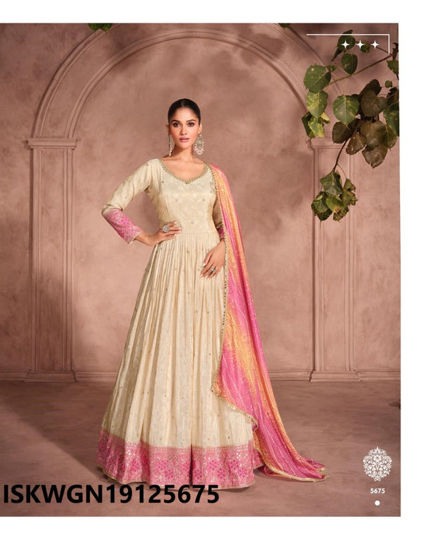 Embroidered Simmer Viscose Jacquard Gown With Bandhani Printed Dupatta-ISKWGN19125674/25675