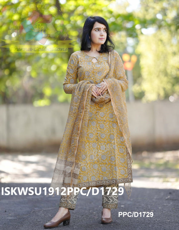 Hand Block Printed Cotton kurti With Pant And Kota Doriya Dupatta-ISKWSU1912PPC/D1729