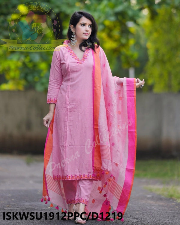 Handloom Kurti With Handloom Cotton Pant And Linen Dupatta-ISKWSU1912PPC/D1219