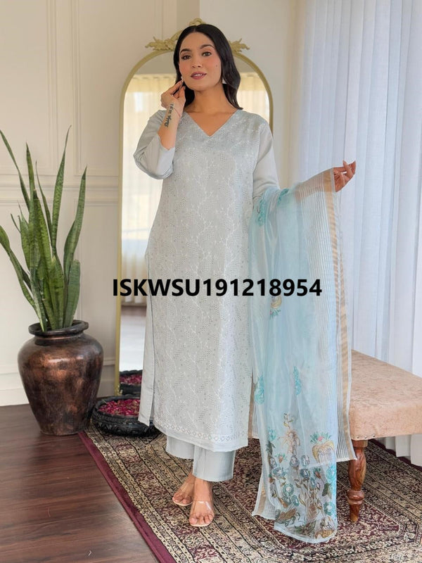 Embroidered Silk Kurti With Pant And Printed Organza Dupatta-ISKWSU191218954