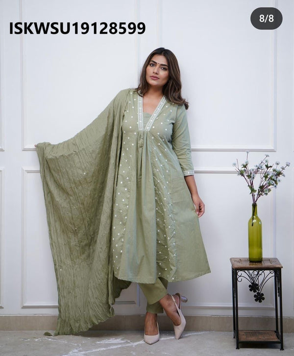 Embroidered Cotton A-Line Kurti With Pant And Dupatta-ISKWSU19128599