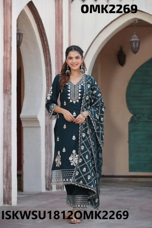 Embroidered Dobby Rayon Kurti With Cotton Pant And Kota Dupatta-ISKWSU1812OMK2269