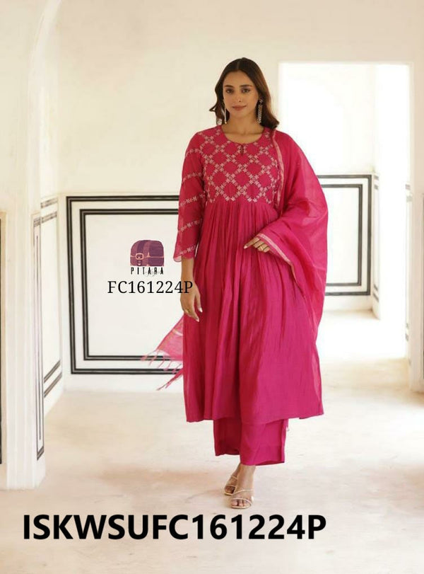 Embroidered Malmal Chanderi Kurti With Silk Pant And Dupatta-ISKWSUFC161224P/FC201224B