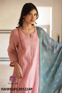 Embroidered Malmal Chanderi Kurti With Silk Pant And Dupatta-ISKWSUFC201224P