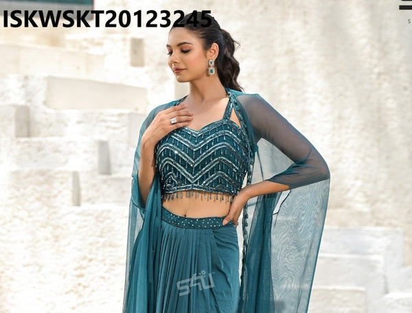 Silk Pleated Skirt With Embroidered Crop Top And Shrug-ISKWSKT20123245