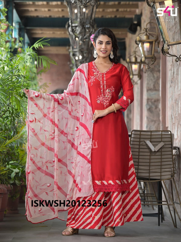 Embroidered Silk Kurti With Lehariya Printed Sharara And Dupatta-ISKWSH20123256