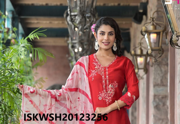 Embroidered Silk Kurti With Lehariya Printed Sharara And Dupatta-ISKWSH20123256