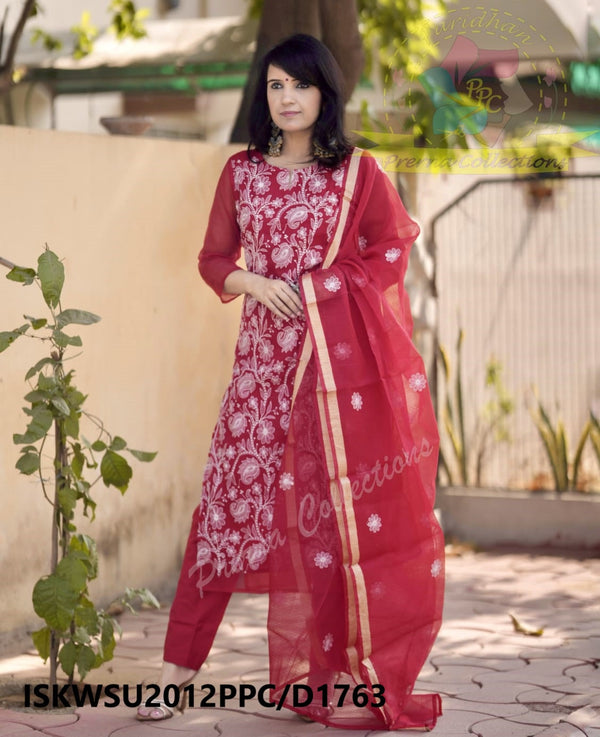 Embroidered Kota Doriya Kurti With Cotton Pant And Dupatta-ISKWSU2012PPC/D1763