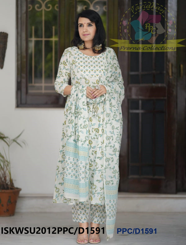 Kalamkari Printed Cotton Anarkali Kurti With Pant And Malmal Cotton Dupatta-ISKWSU2012PPC/D1591