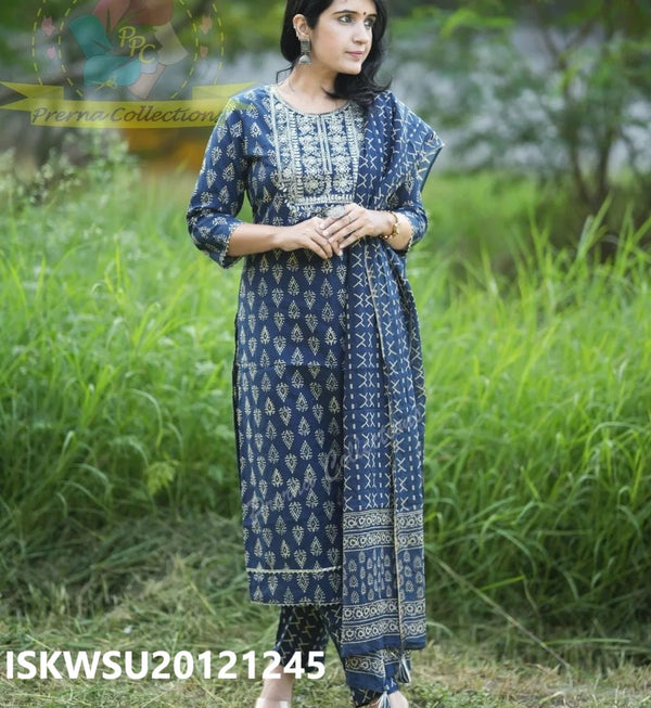 Bagru Printed Cotton Kurti With Pant And Dupatta-ISKWSU20121245