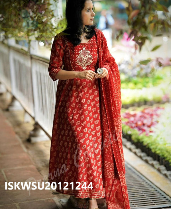 Bagru Printed Cotton Anarkali Kurti With Pant And Dupatta-ISKWSU20121244