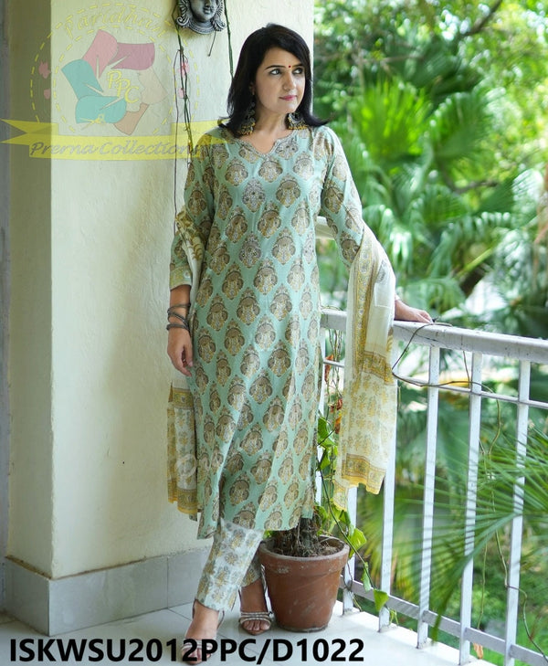 Hand Block Printed Cotton Kurti With Pant And Dupatta-ISKWSU2012PPC/D1022