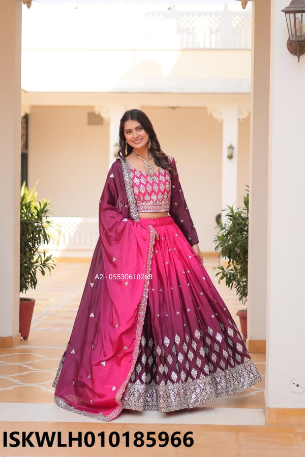 Embroidered Ombre Chinon Lehenga With Blouse And Dupatta-ISKWLH010185966