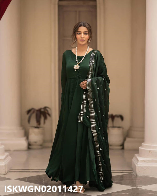 Silk Gown With Embroidered Dupatta-ISKWGN02011427