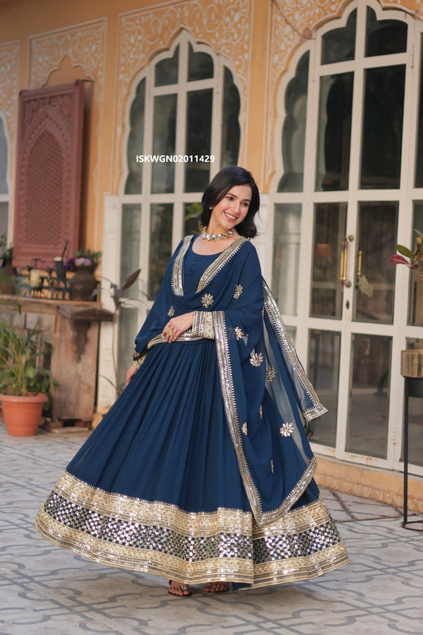 Embroidered Georgette Gown With Dupatta-ISKWGN02011429