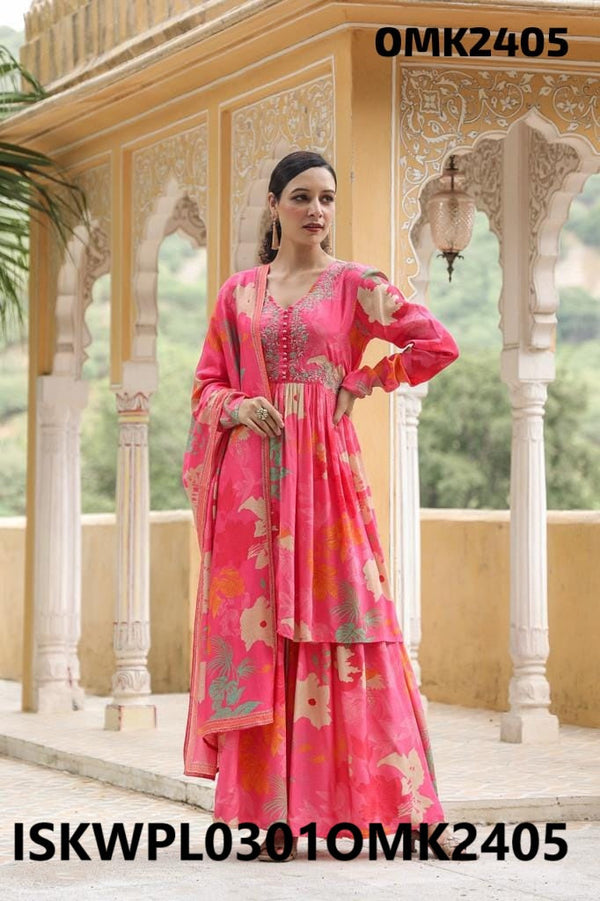 Digital Floral Printed Crepe Peplum Kurti With Palazzo And Dupatta-ISKWPL0301OMK2405