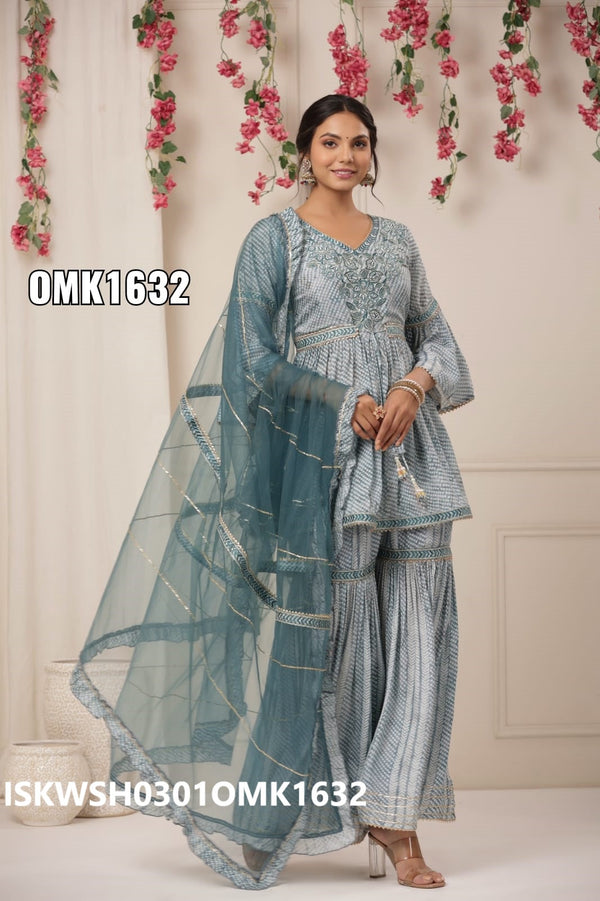 Printed Maslin Peplum Kurti With Sharara And Organza Dupatta-ISKWSH0301OMK1632