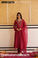 Embroidered Silk Kurti With Shantoon Pant And Organza Dupatta-ISKWSU0301OMK3675