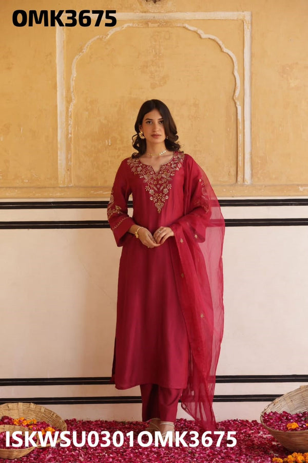 Embroidered Silk Kurti With Shantoon Pant And Organza Dupatta-ISKWSU0301OMK3675