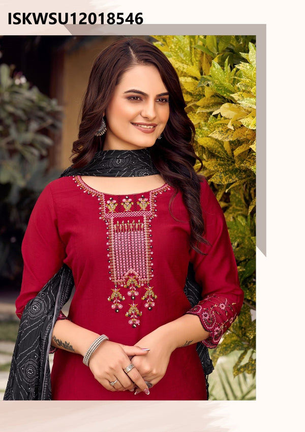 Embroidered Viscose Weaving Kurti With Lycra Cotton Pant And Bandhani Printed Dupatta-ISKWSU12018546