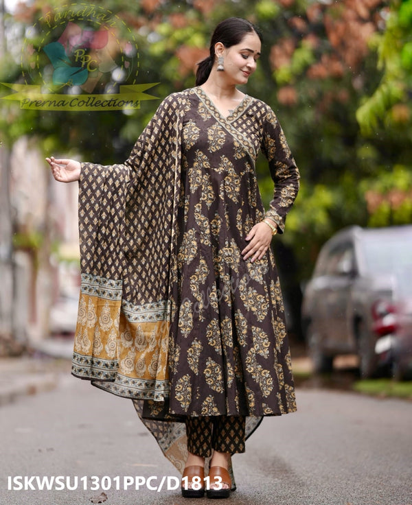 Ajrakh Printed Cotton Anarkali Kurti With Pant And Malmal Cotton Dupatta-ISKWSU1301PPC/D1813