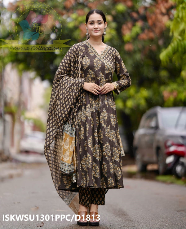 Ajrakh Printed Cotton Anarkali Kurti With Pant And Malmal Cotton Dupatta-ISKWSU1301PPC/D1813