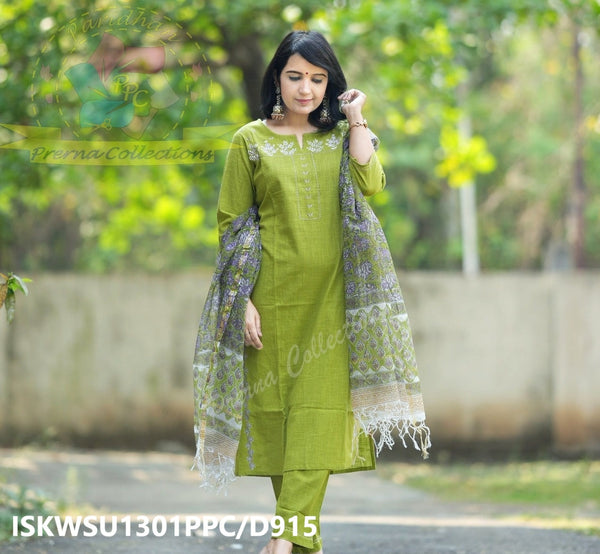 Khadi Cotton Kurti With Pant And Hand Block Printed Kota Doriya Dupatta-ISKWSU1301PPC/D915