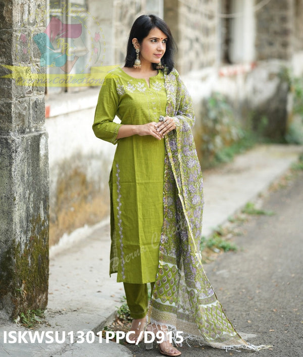 Khadi Cotton Kurti With Pant And Hand Block Printed Kota Doriya Dupatta-ISKWSU1301PPC/D915