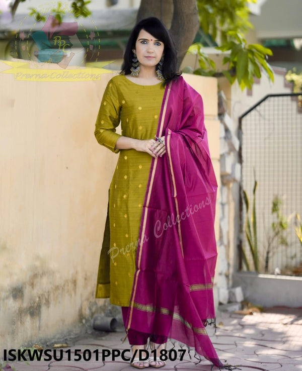 Handloom Weaved Silk Kurti With Pant And Handloom Zari Dupatta-ISKWSU1501PPC/D1807