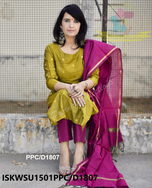 Handloom Weaved Silk Kurti With Pant And Handloom Zari Dupatta-ISKWSU1501PPC/D1807