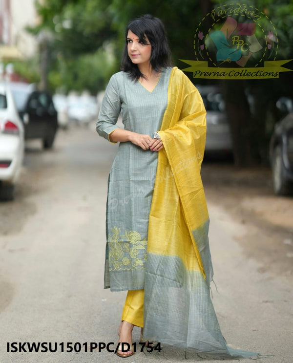 Handloom Weaved Cotton Silk Kurti With Pant And Dupatta-ISKWSU1501PPC/D1754