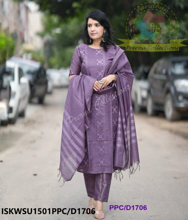 Handloom Weaved Cotton Silk Kurti With Pant And Dupatta-ISKWSU1501PPC/D1706