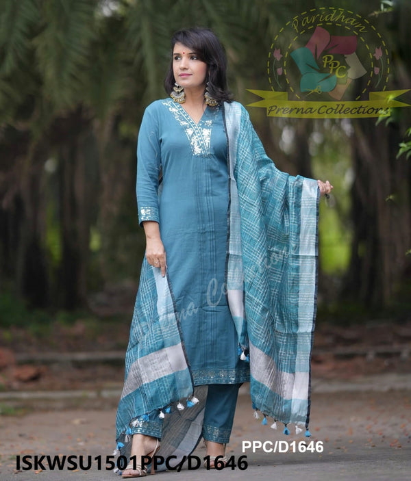 Embroidered Khadi Cotton Kurti With Khadi Pant And Linen Dupatta-ISKWSU1501PPC/D1646